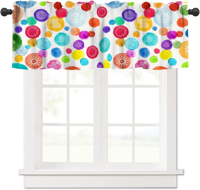 AAVEUP Colourful Valance Curtain Fantasy Cartoon Colourful Circles Abstract Art Lines Window Treatment Valances Curtains for Kids Room Bedroom Living Room 54x18In - Image 1